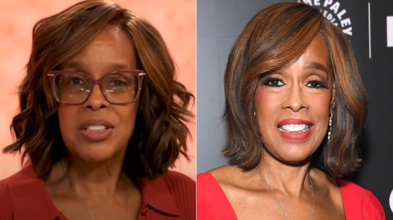 Split image of Gayle King wearing glasses with no makeup and wearing makeup without glasses