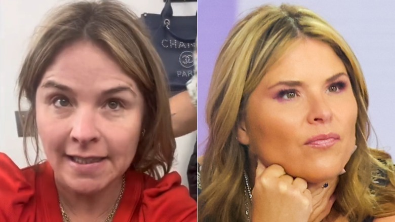 Split image of Jenna Bush Hager with no makeup and messy hair and with makeup and styled hair