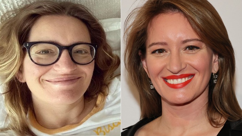 Split image of Katy Tur wearing glasses with no makeup and wearing makeup without glasses