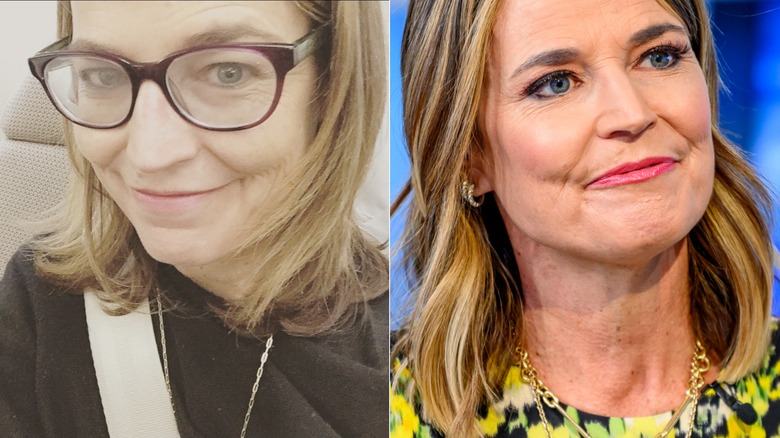 Split image of Savannah Guthrie wearing glasses with no makeup and wearing makeup with no glasses