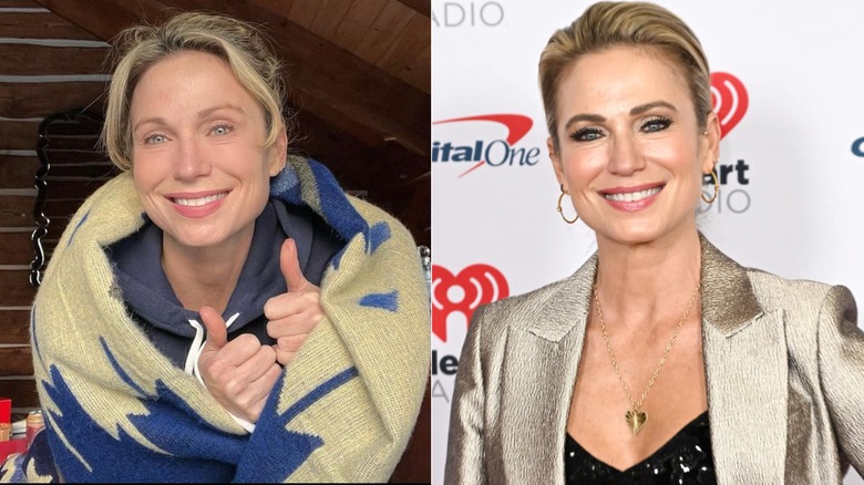 Split image of Amy Robach wrapped in blanket with no makeup and wearing makeup with gold jacket