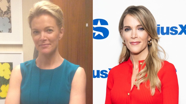 Split image of Megyn Kelly with no makeup wearing hair up and wearing makeup with hair down