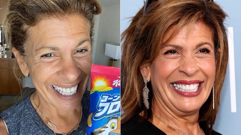 Split image of Hoda Kotb smiling without and with makeup