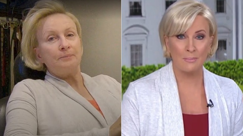 Split image of Mika Brzezinski before and after having her makeup done