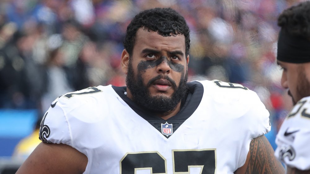 NFL player Larry Warford on the field for the New Orleans Saints