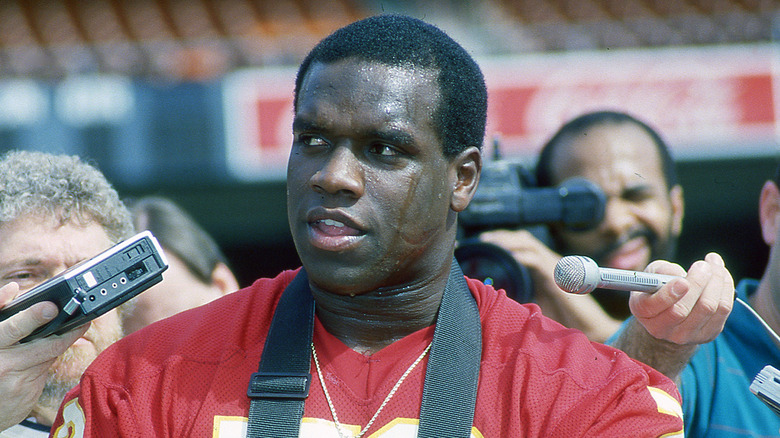 Dexter Manley speaking to reporters