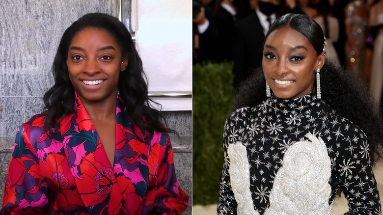 Simone Biles wearing floral-print robe, silver earrings