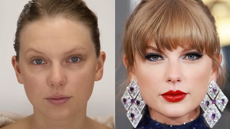 Taylor Swift without makeup, wearing red lipstick