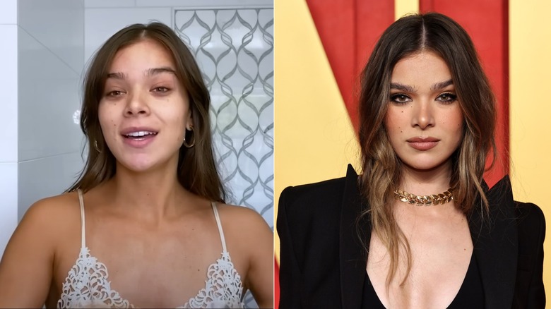 Hailee Steinfeld wearing hoop earrings, gold necklace