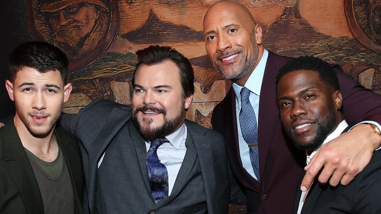 Nick Jonas, Jack Black, Dwayne "The Rock" Johnson and Kevin Hart at the premiere of "Jumanji: Welcome 2 the Jungle"