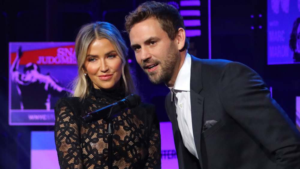 Nick Viall and Kaitlyn Bristowe speak onstage at the 2020 iHeart Radio podcast awards