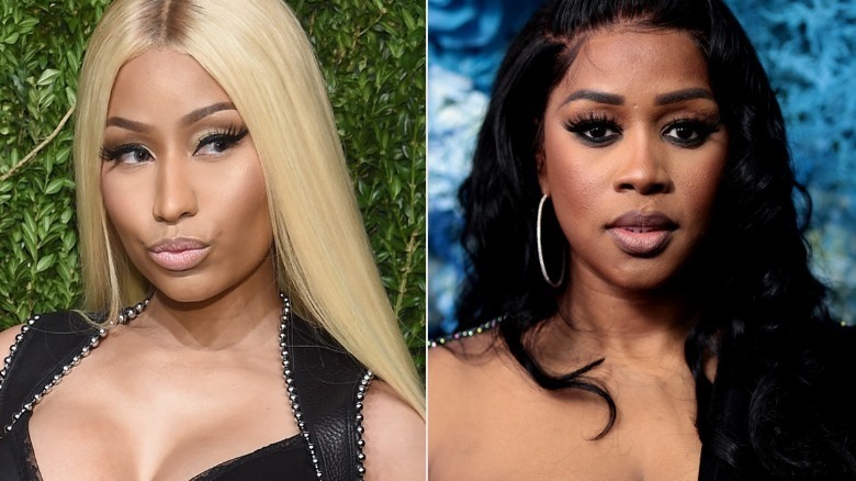 Nicki Minaj wearing pink, Remy Ma wearing black