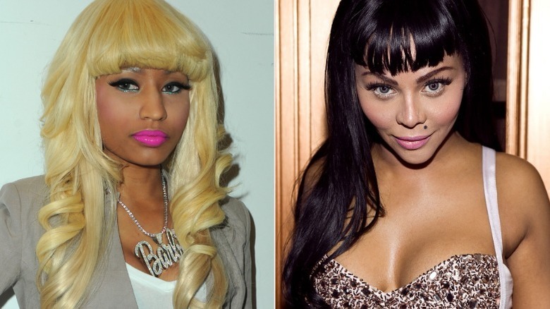 Nicki Minaj wearing a gray jacket, 'Lil Kim in black hair