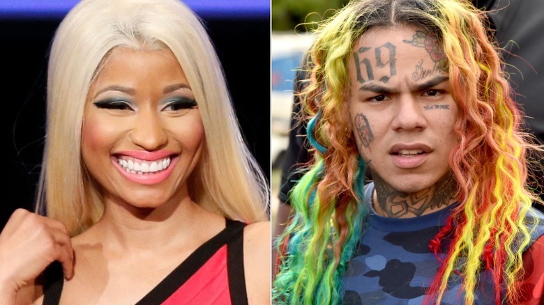 Nicki Minaj smiling, Tekashi 6ix9ine wearing camouflage 