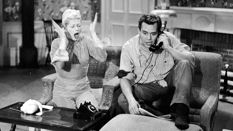 Lucille Ball and Desi Arnaz on the set of 'I Love Lucy'