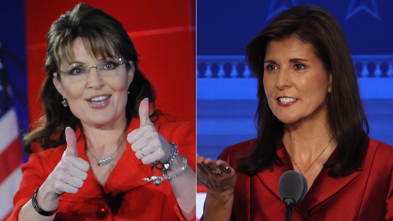 Sarah Palin giving thumbs up, Nikki Haley smiling
