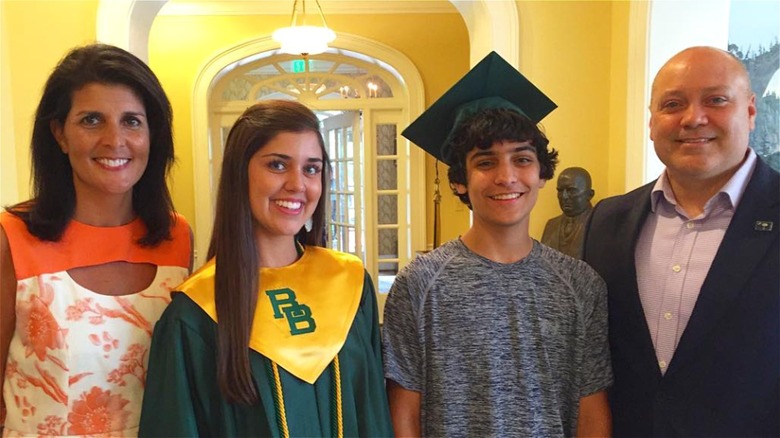 Nikki Haley smiling with children Rena and Nalin, and husband Michael