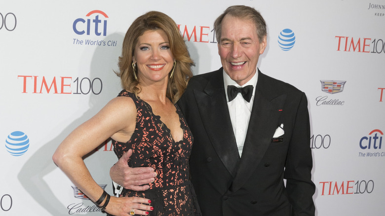 Norah O'Donnell posing with Charlie Rose at Time 100 gala