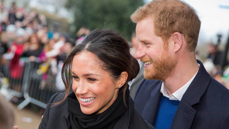 Prince Harry and his fiance Meghan Markle greet schoolchildren on their arrival at Cardiff Castle 2018 