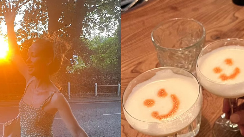 Olivia Wilde throwing her hand in the air, and a tasty beverage adorned with a smiley face