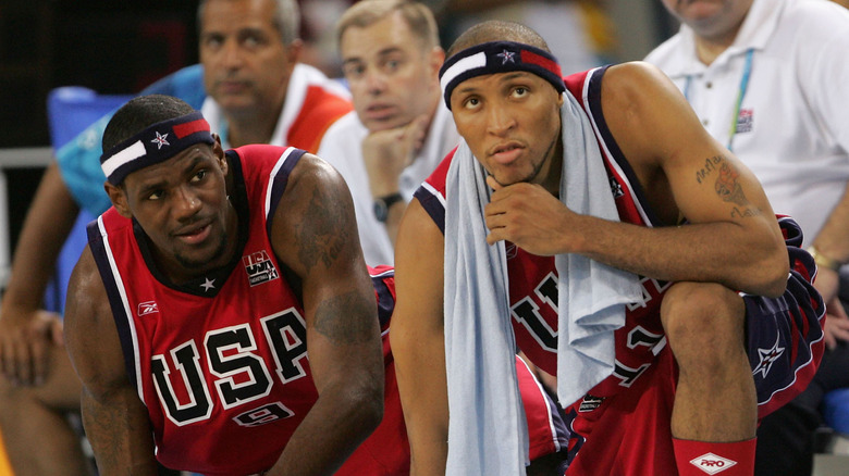 Lebron James and Shawn Marion watching from the bench