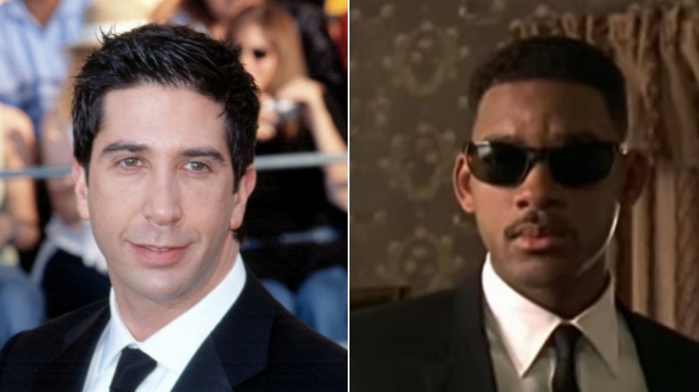 David Schwimmer wears a suit at a movie premiere, Will Smith wears a suit and sunglasses in "Men in Black"