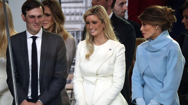 Jared Kushner, Ivanka Trump and Melania Trump watching the Inaugural Parade