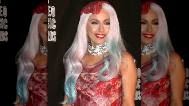 Lady Gaga wearing meat dress