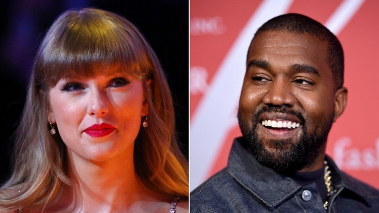 Taylor Swift and Kanye West posing in split image