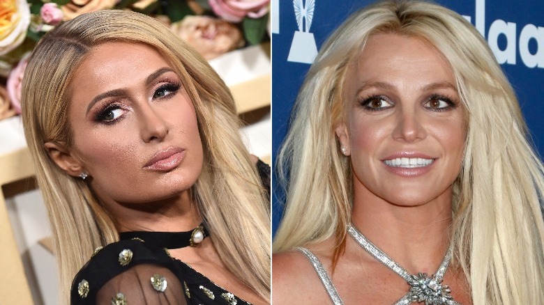 Paris Hilton grimaces while Britney Spears smiles