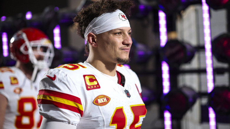 Patrick Mahomes smiling in football uniform