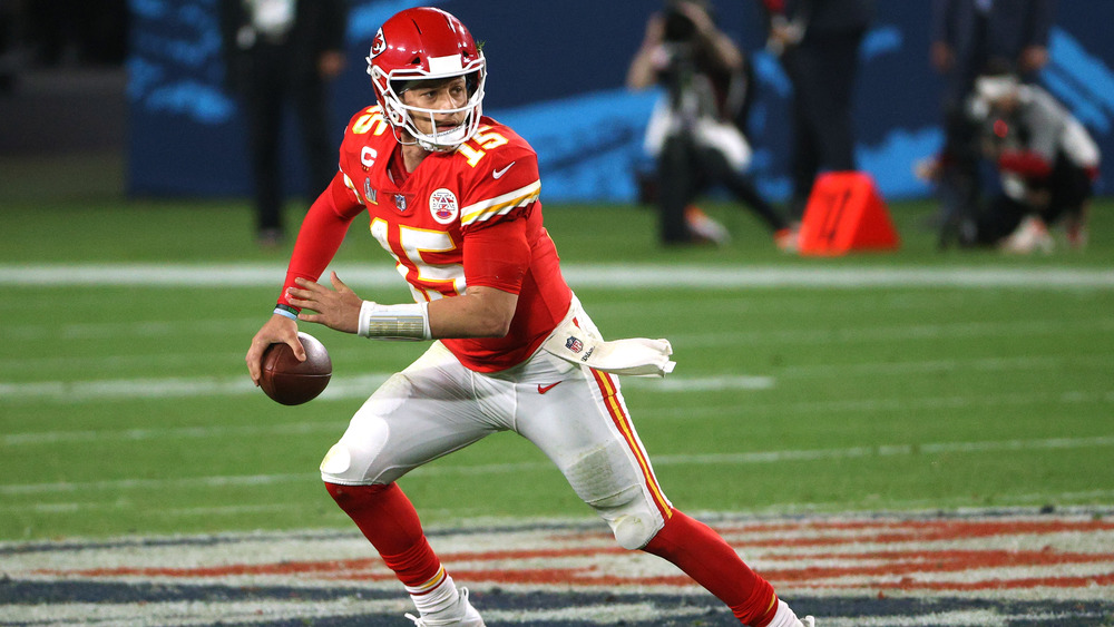 Patrick Mahomes looks to pass during Super Bowl LV