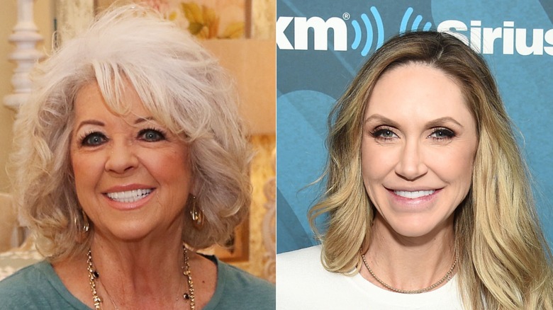 Paula Deen and Lara Trump smiling, split image