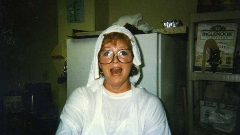 Paula Deen with towel on head