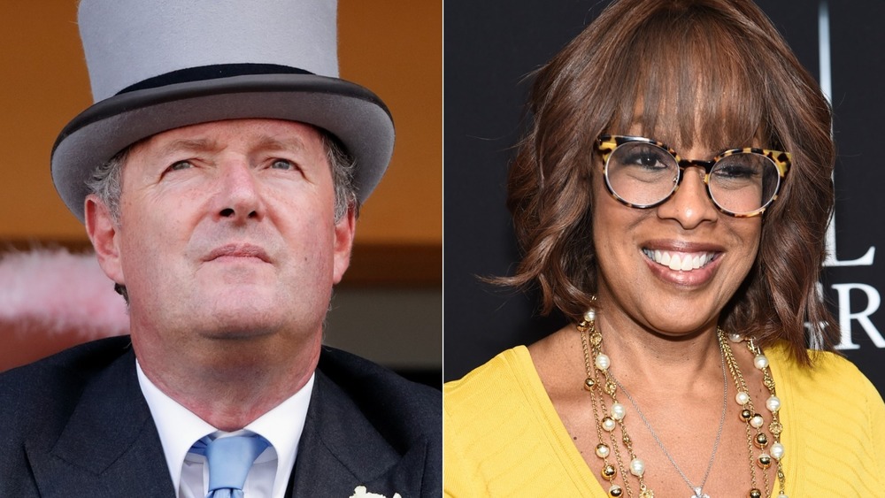 Piers Morgan staring and Gayle King smiling  