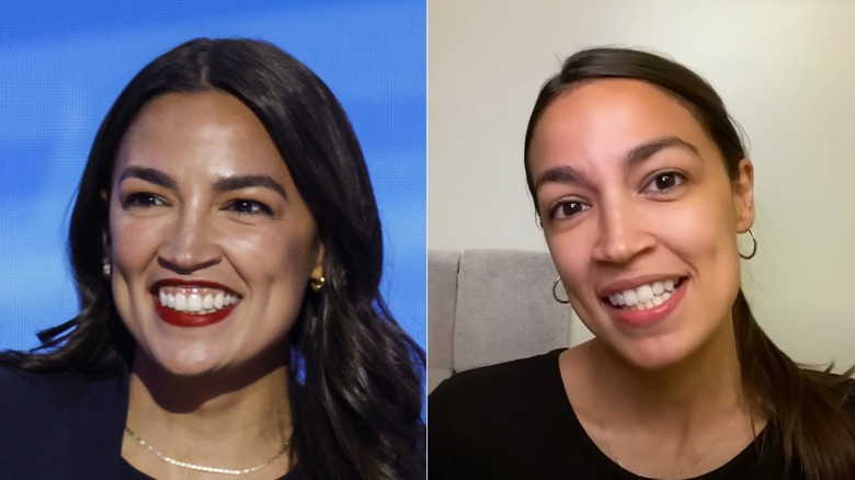 Alexandria Ocasio-Cortez with red lipstick, no makeup