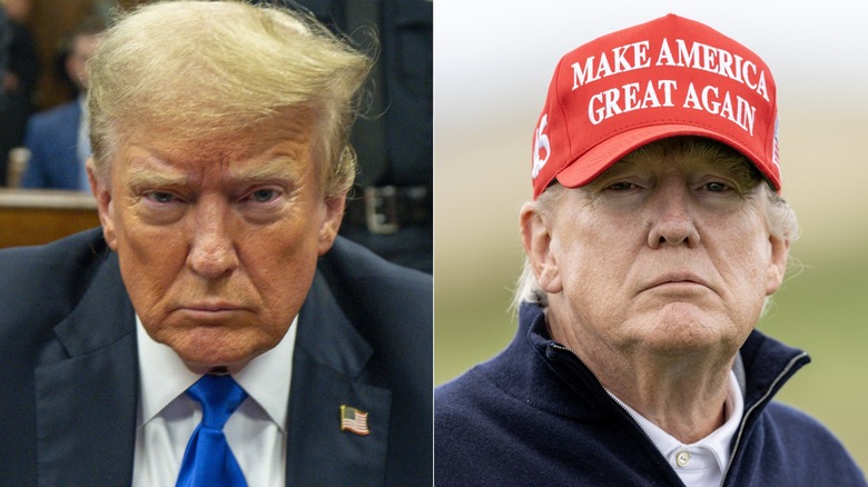 Split image of Donald Trump with orange face, wearing hat