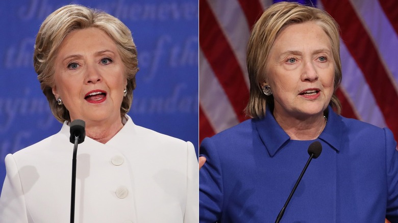 Split image of Hillary Clinton with, without eye makeup