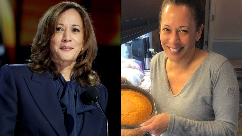 Split image of Kamala Harris with, without makeup