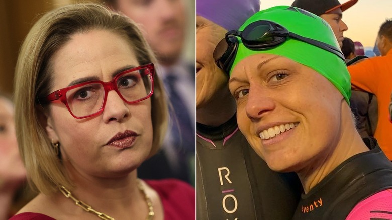 Split image of Kyrsten Sinema wearing glasses, swim cap