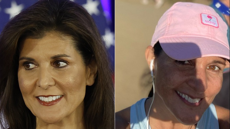 Split image of Nikki Haley with red lipstick, wearing a hat