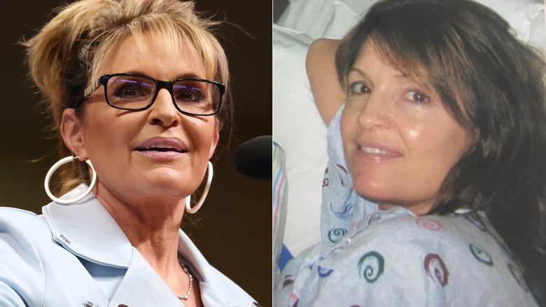 Split image of Sarah Palin with, without glasses