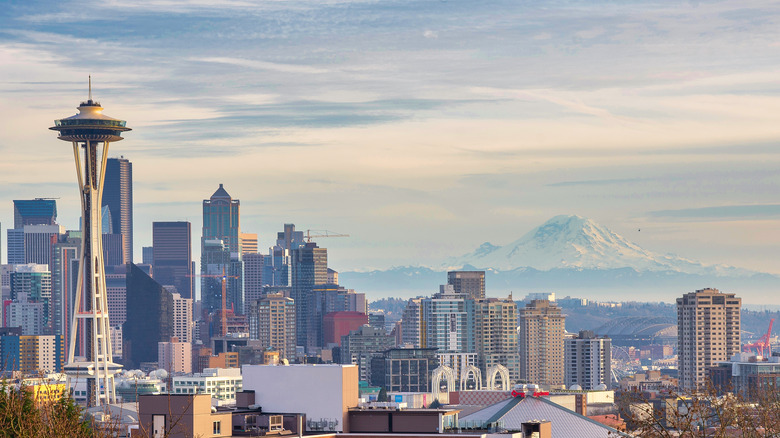 Wide shot of Seattle mountains and buildings, including Space Needle