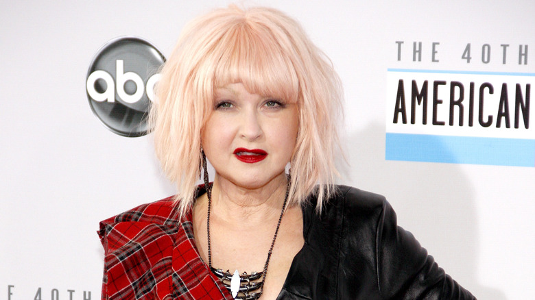 Cyndi Lauper posing with pink hair