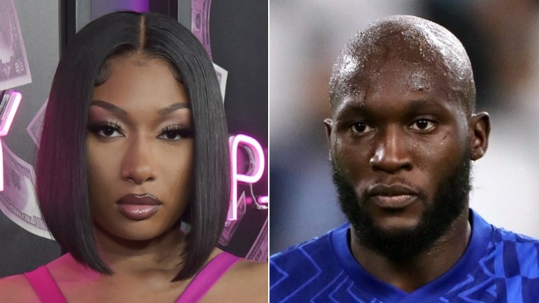 Megan Thee Stallion posing for photos and Romelu Lukaku playing soccer 