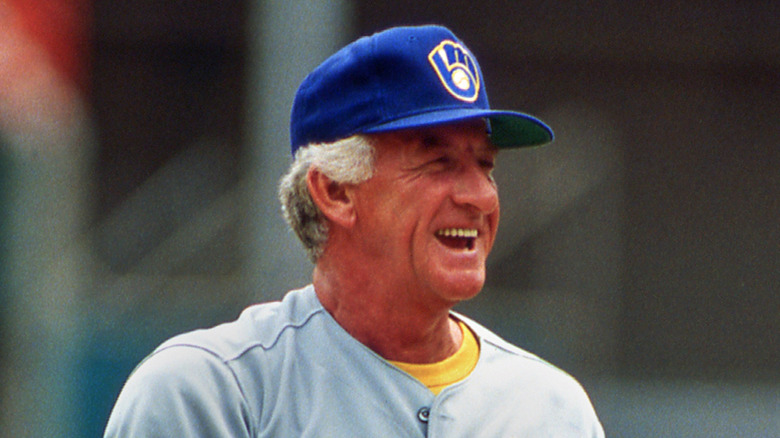 Bob Uecker smiling in a Brewers uniform