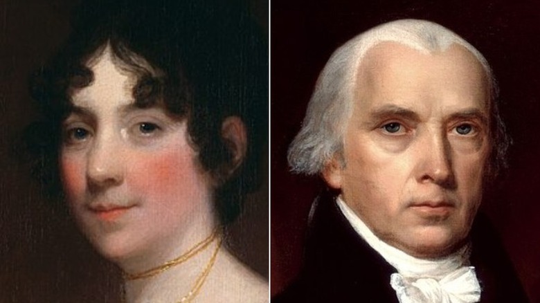 Dolley Madison smiling, James Madison posing