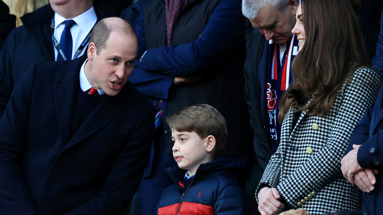 Prince William, Prince George, and Kate Middleton watching rugby