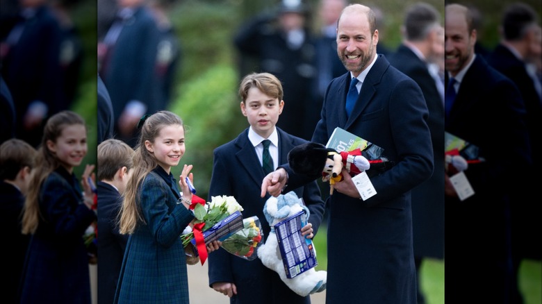 Prince William, Prince George and Princess Charlotte smile at the public on Christmas Day 2024.