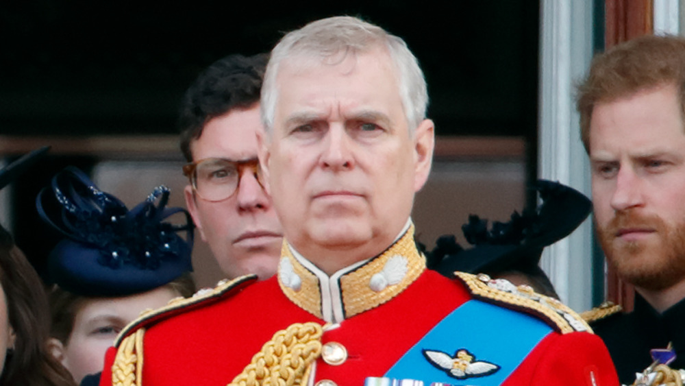 Prince Andrew, standing outside with his family, in a military uniform 